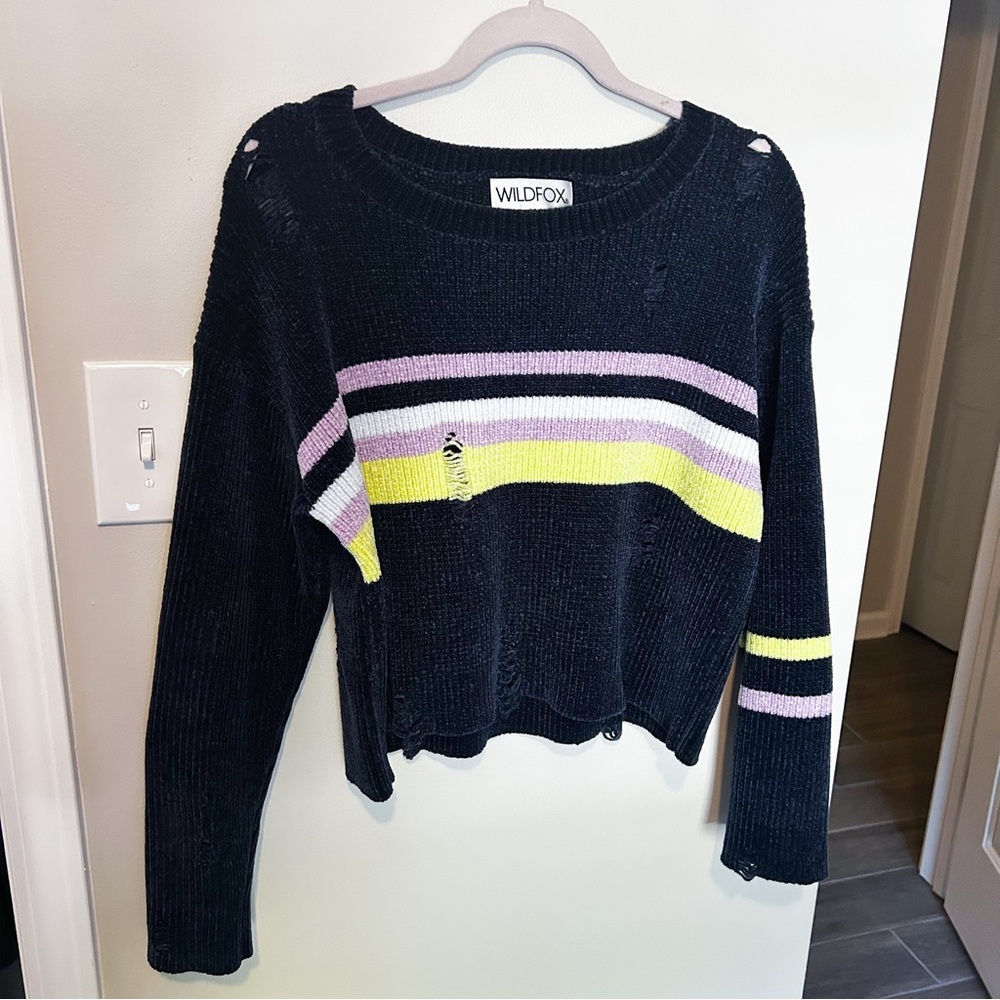 Wildfox Navy Striped Distressed Chenille Sweater